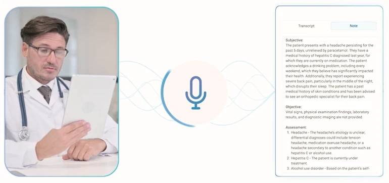 Doctor using AI Scribe Voice Transcription and Notes