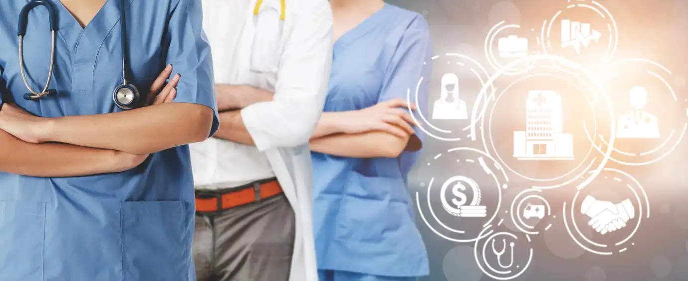 Medicare Physician Fee - Healthcare providers with icons illustrating coordinated care workflows and connected processes