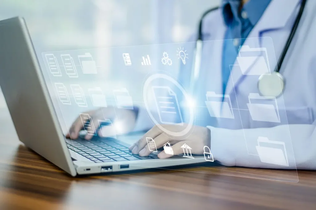 Doctor reviewing a simplified dashboard reducing data overload with electronic files in an ambulatory medical practice.