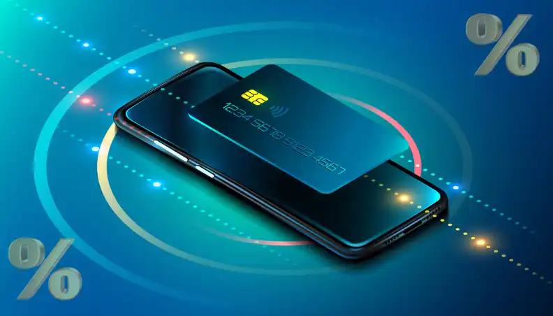 Virtual credit card payment on a mobile device displaying percentage fee