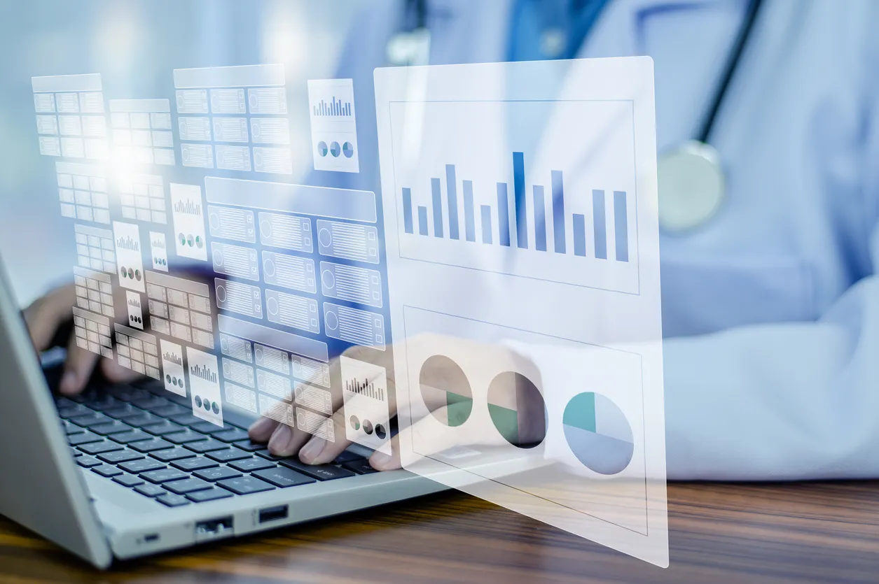 Healthcare practice dashboard showing reporting, quality metrics, and revenue cycle KPIs for managing performance in a mature value-based care model