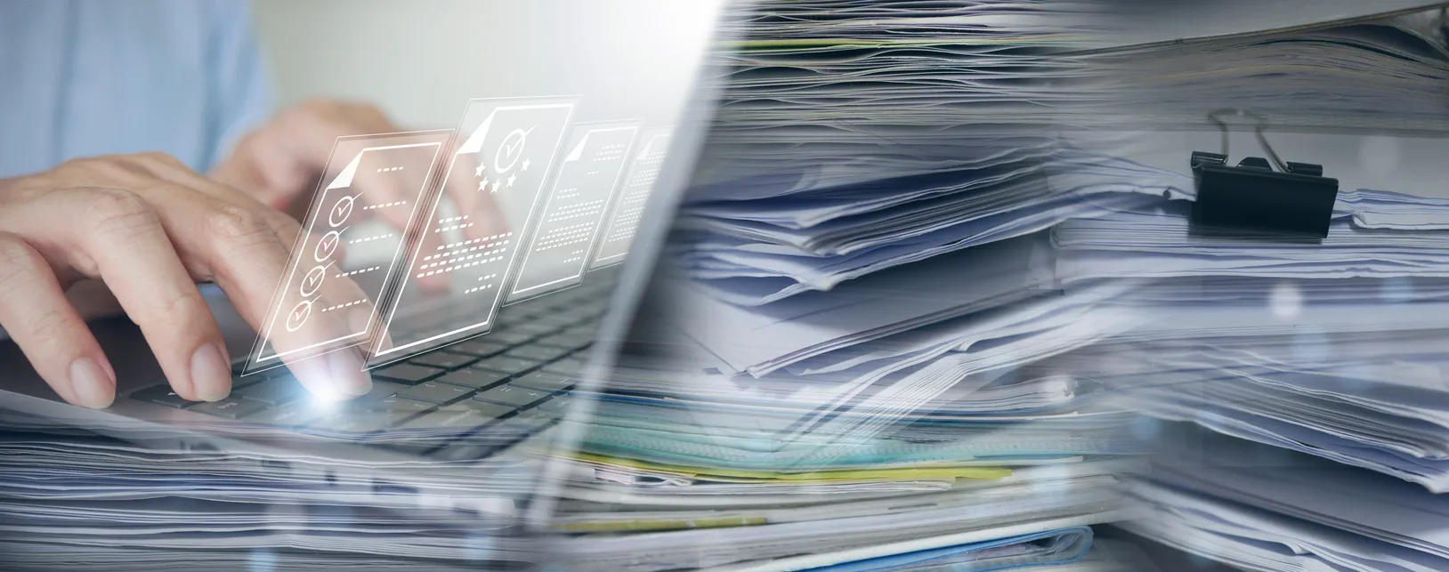 Comparison of a cluttered desk with paperwork, and bills, versus clean, digital billing, illustrating inefficient versus automated practice workflows