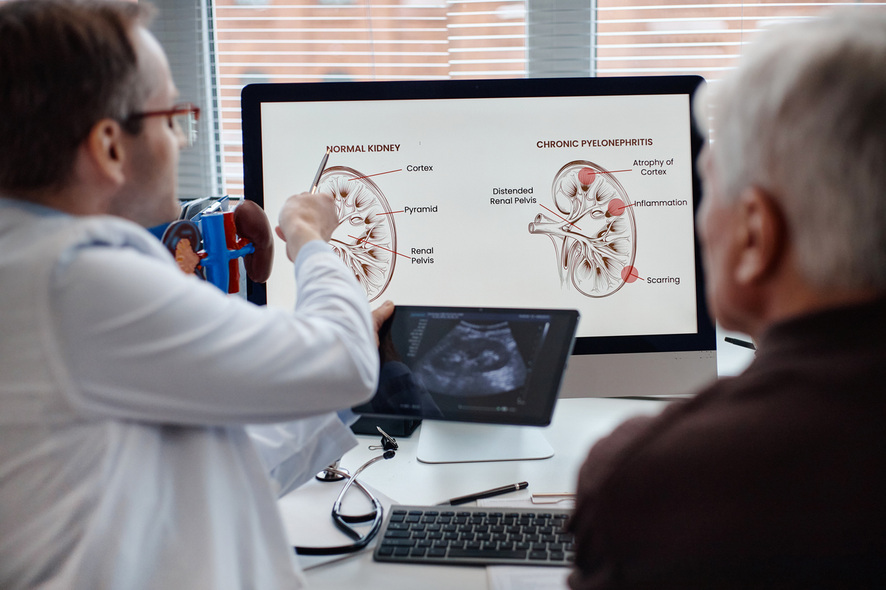 Middle Aged Caucasian Urologist Explaining Kidney Condition to Senior Man