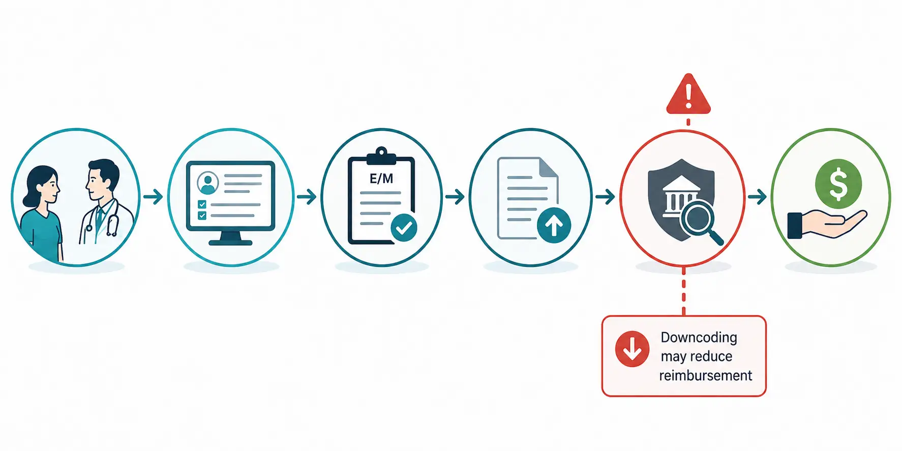 Healthcare revenue cycle workflow showing how clinical documentation and EM coding lead to payer review and reimbursement