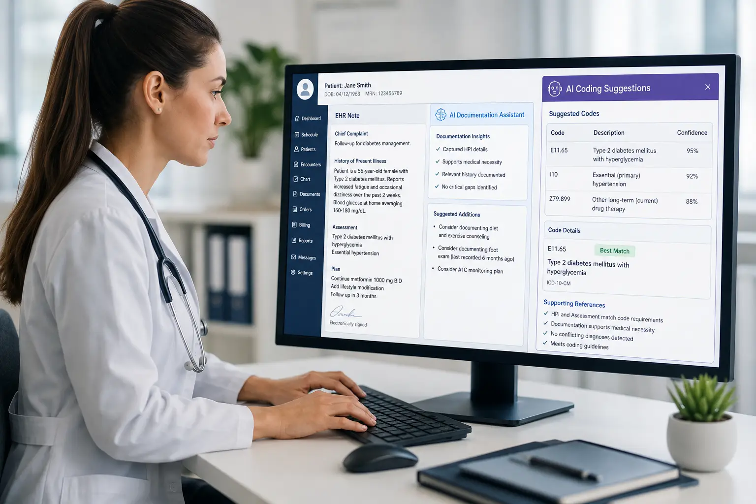 Physician reviewing AI-assisted clinical documentation and coding suggestions within an electronic health record to improve claim accuracy