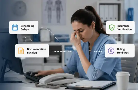 Healthcare professionals reviewing dashboard data on computer to identify and improve workflow performance