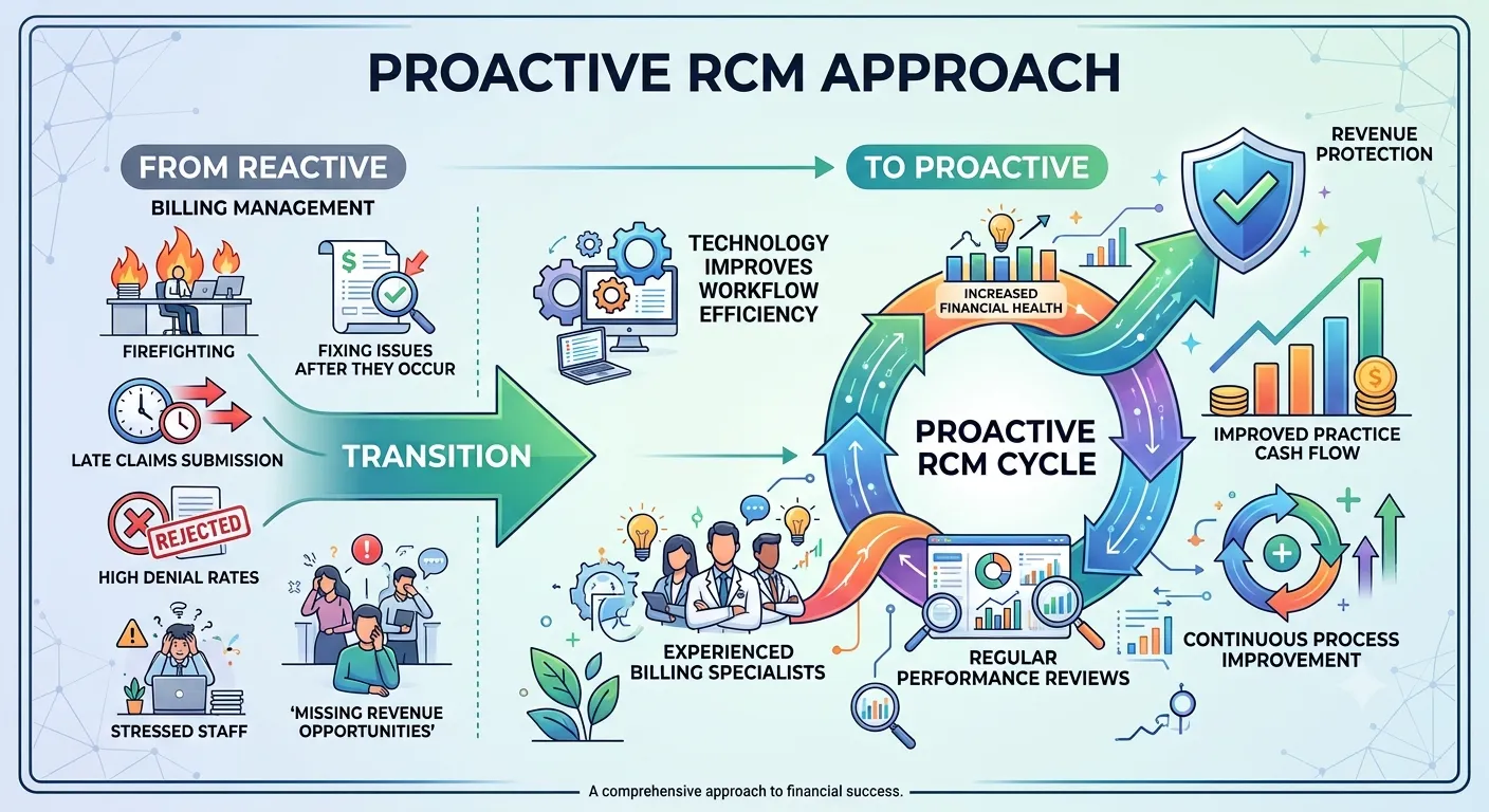 Infographic illustrating a proactive RCM approach featuring four pillars_workflow technology_experienced billing specialists_regular performance reviews_ process improvement