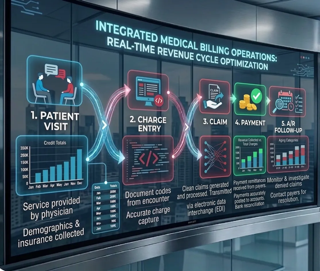 Medical billing workflow graphic illustrating Patient Visit-Charge Entry-Claim-Payment-AR Follow-Up