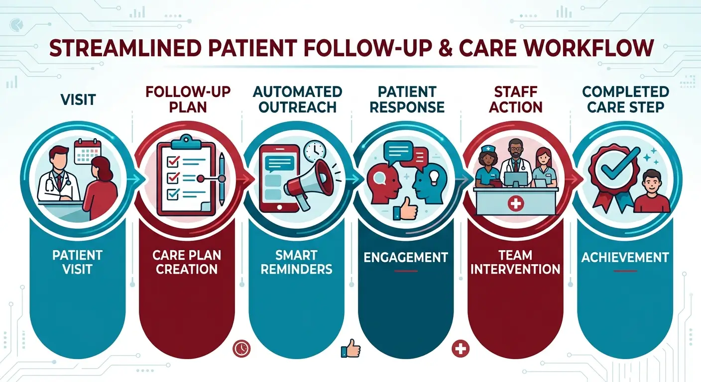 Patient engagement workflow connecting follow-up outreach, patient response, and staff action
