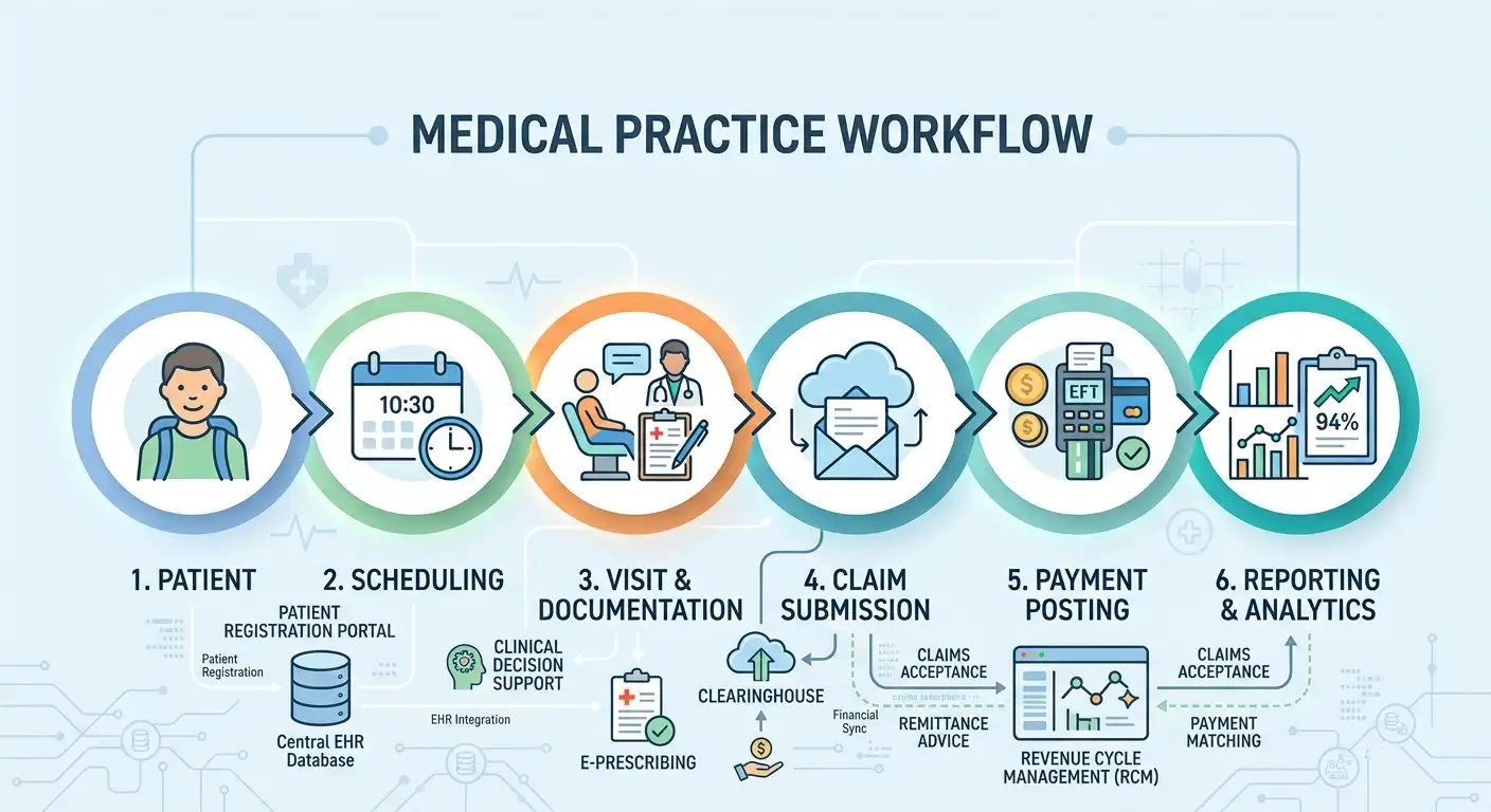 Integrated EHR workflow connecting patient care, billing, claims, and payments