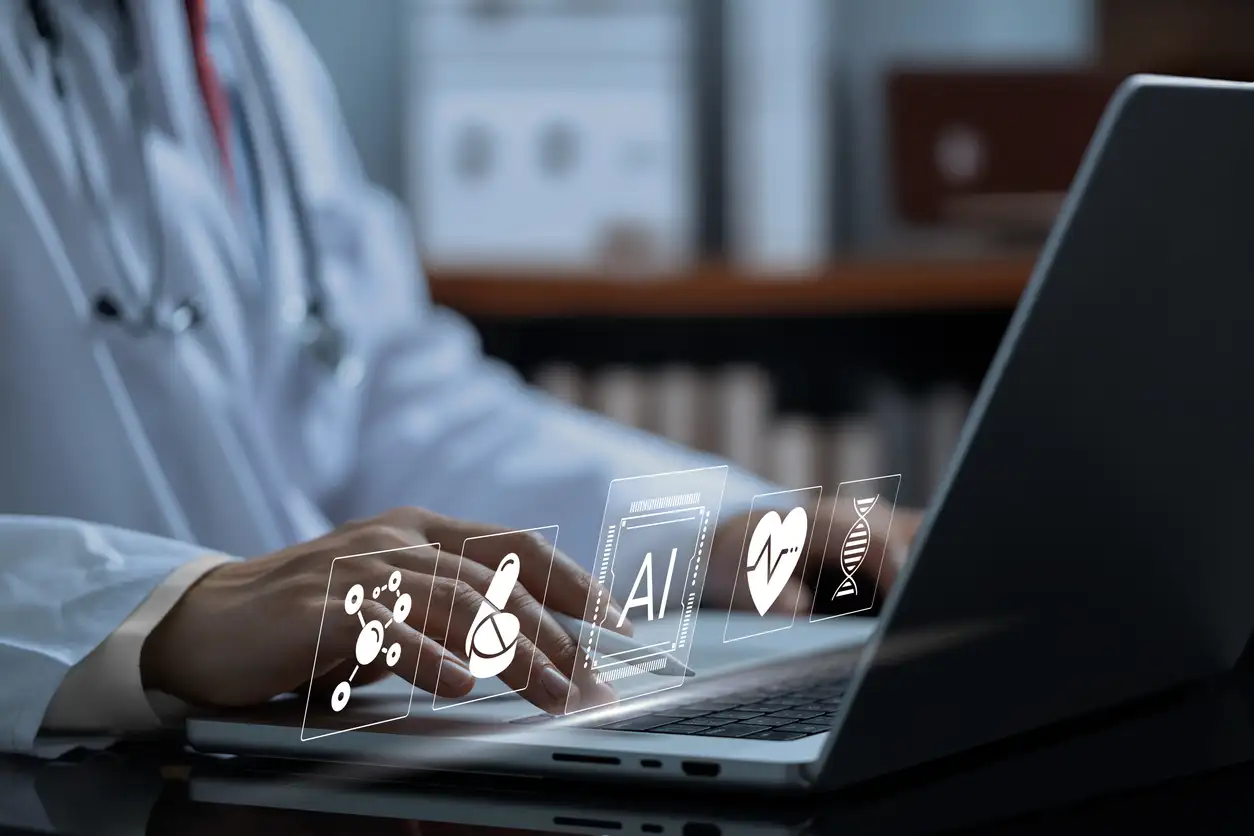 Physician using AI-enabled EHR technology to support clinical workflow